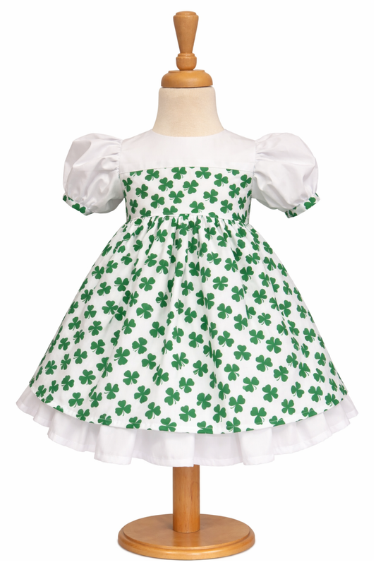 Handmade St Patrick’s Day girls dress with shamrock print – vintage style