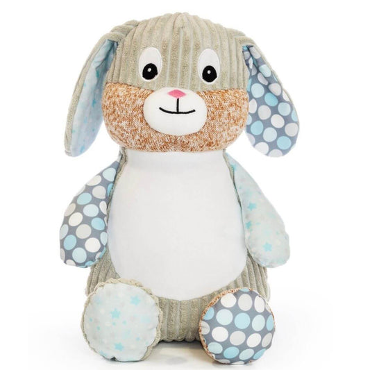 Starry night sensory bunny soft toy in midnight blue with personalised embroidery
