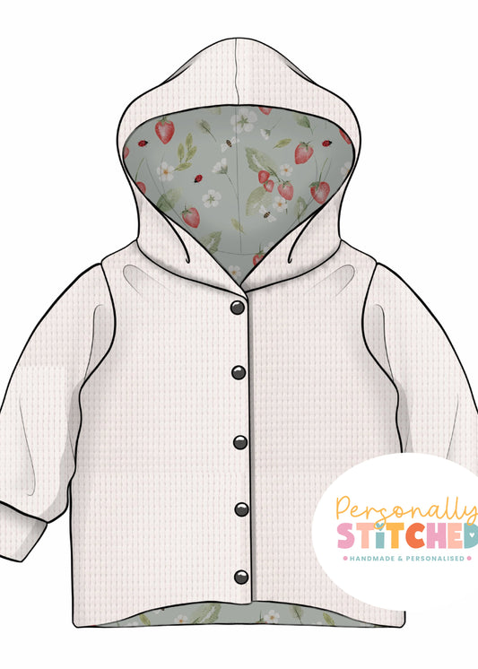 Strawberry Meadow Print & White Waffle Knit Hooded Cardigan