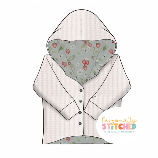 Strawberry Meadow Print & White Waffle Knit Hooded Cardigan