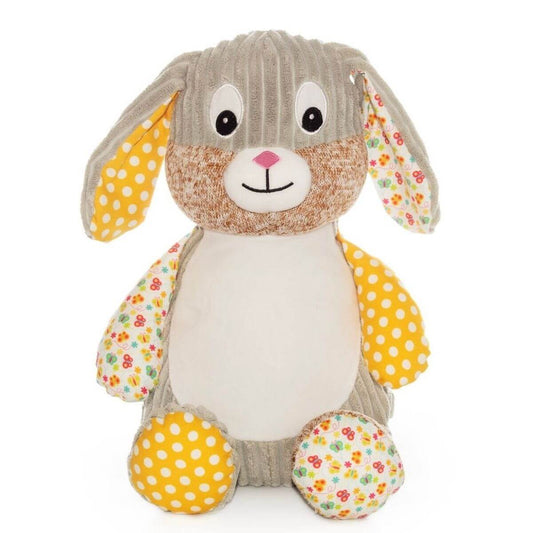 Bright sunshine sensory bunny soft toy with personalised name embroidery
