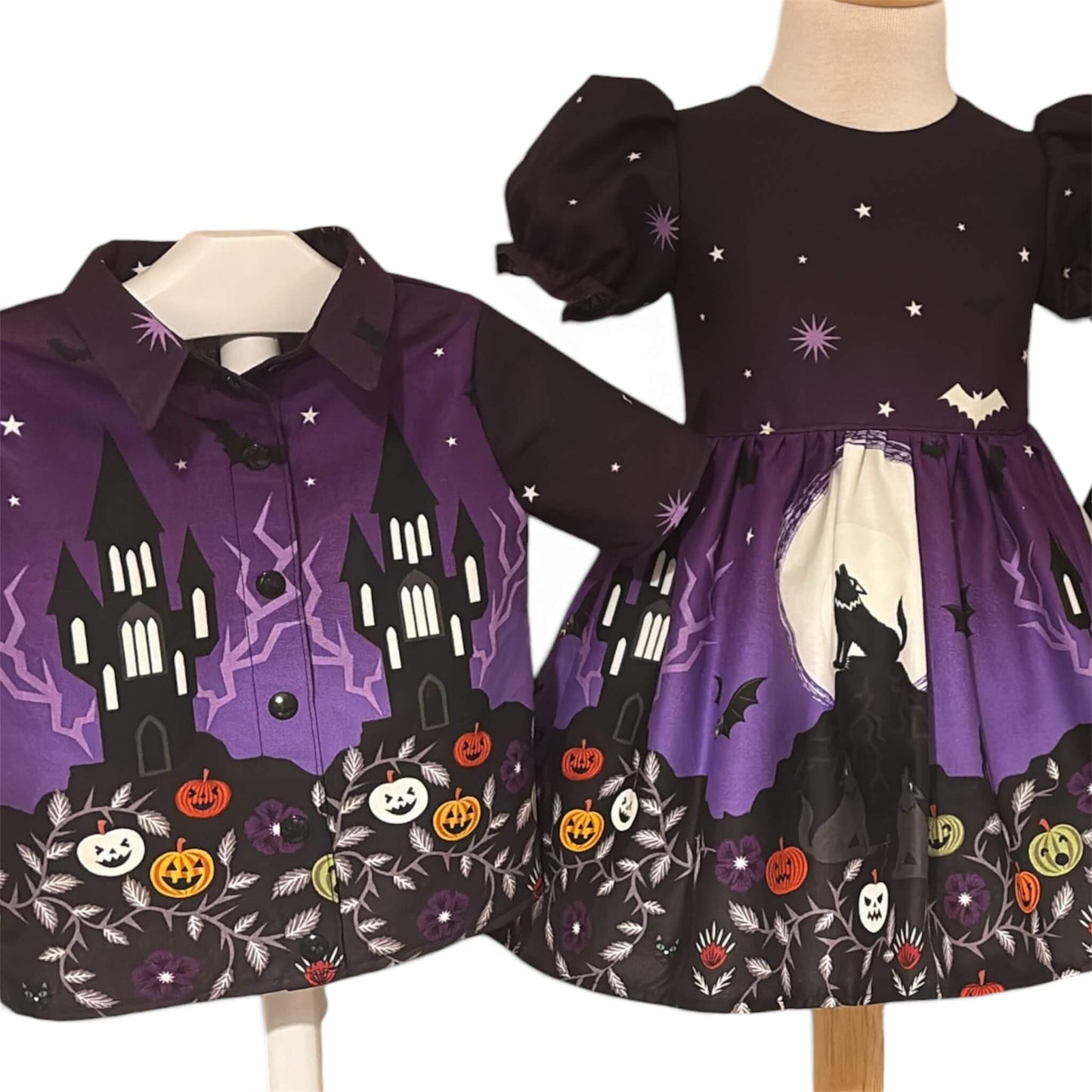 A children's Halloween dress displayed on a dress form, with a matching short-sleeve collared shirt also shown. Both items have glow in the dark features 