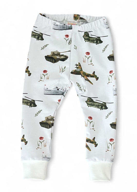 Children's pants with military vehicle pattern on a white background