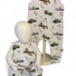 Children's romper with airplane pattern on a mannequin and hanger against a white background