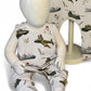 Children's romper with airplane pattern on a mannequin and hanger against a white background