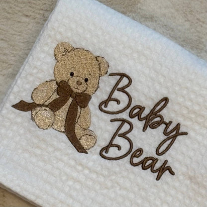 Personalised Cotton Waffle Baby Wrap | Bear Embroidered Keepsake Gift | Clearance