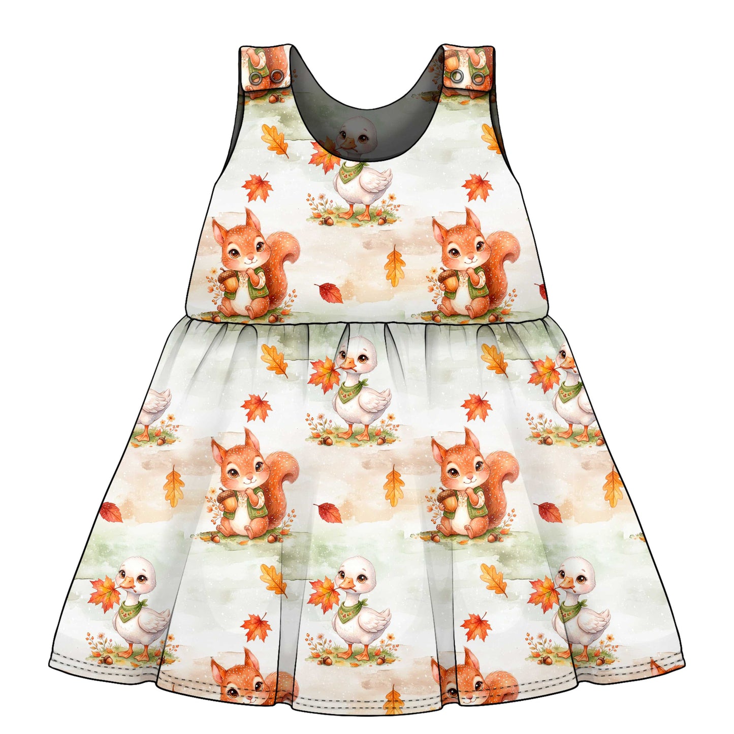 Children's dress with autumn-themed design featuring squirrels and birds on a white background