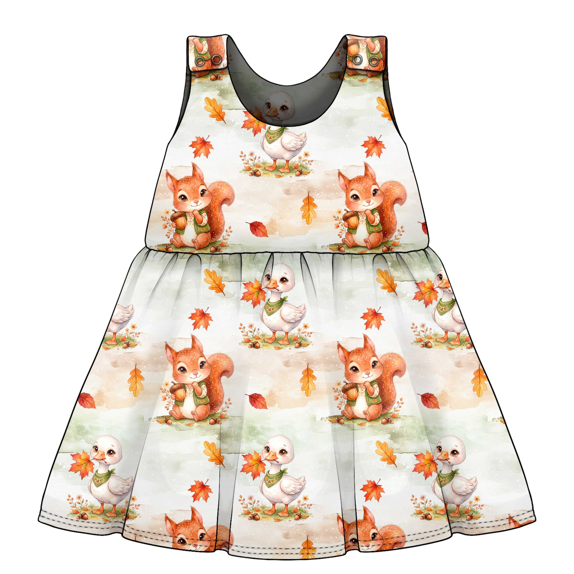 Children's dress with autumn-themed design featuring squirrels and birds on a white background