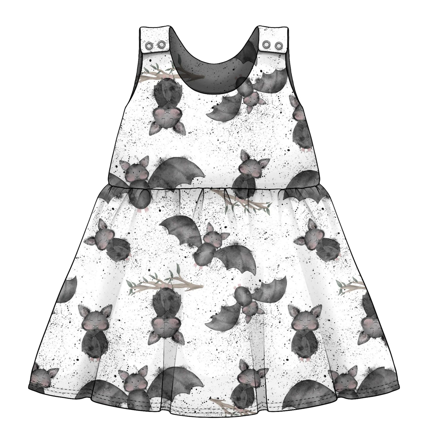 children's dress with bat print pattern on a white background