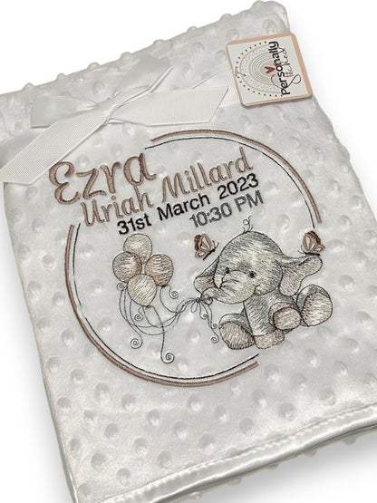Birth Details Keepsake Blanket | Elle The Elephant | Embroidered