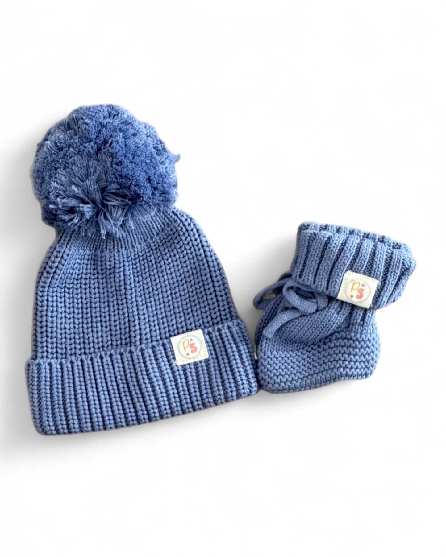 Blue Organic Knit Baby Hat & Bootie Set