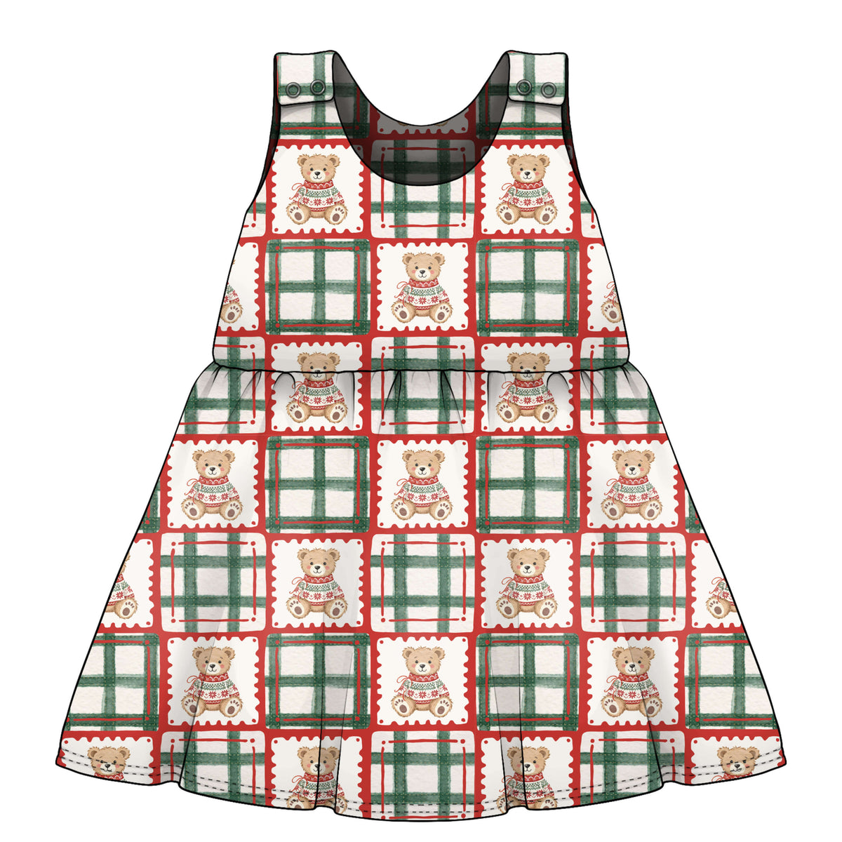 A sleeveless children's dress with a festive holiday pattern of teddy bears with green and red check frames on a white background. age 3 months to 6 years 
