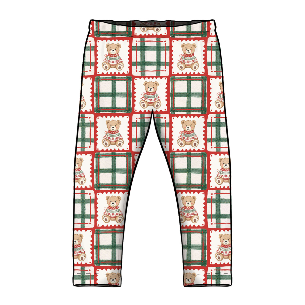 A pair of children's leggings with an all-over Christmas-themed pattern featuring teddy bears in sweaters inside postage stamp designs and green plaid borders, shown against a plain white background.