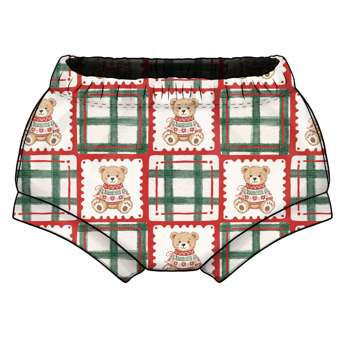 A pair of toddler shorties/bummies featuring a festive holiday print with teddy bears in Christmas sweaters, red and green plaid patterns, and elasticated waist