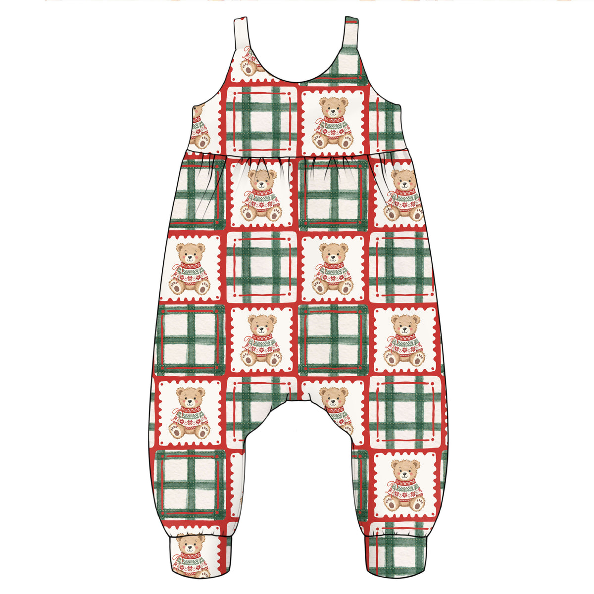 A baby Napa romper with a festive holiday plaid pattern featuring teddy bears, shown flat against a solid white background.