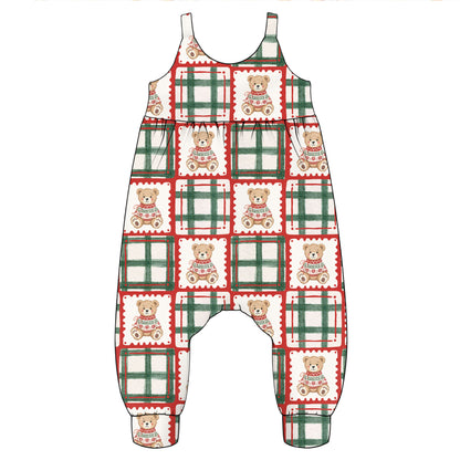 A baby Napa romper with a festive holiday plaid pattern featuring teddy bears, shown flat against a solid white background.