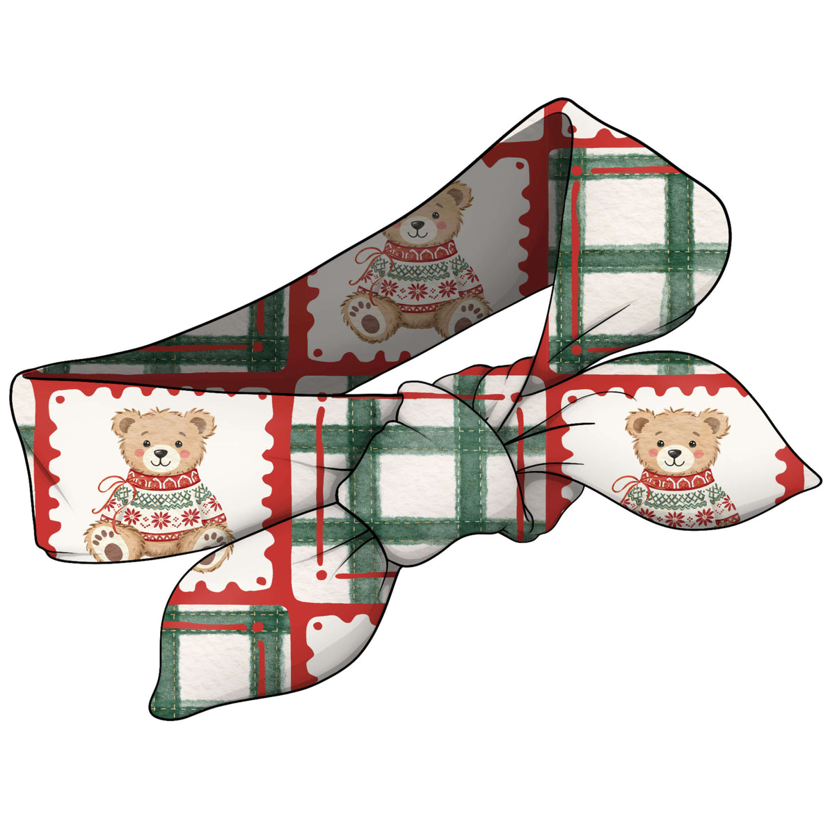 A headband with a holiday pattern featuring teddy bears in sweaters and a red, green, and white plaid design.