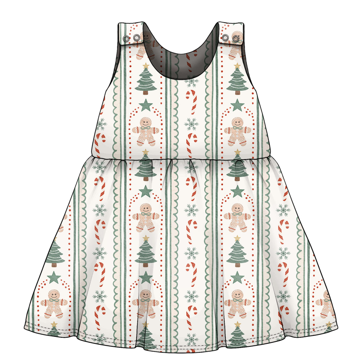 A sleeveless baby dress with a festive Christmas print featuring gingerbread men, Christmas trees, candy canes, and snowflakes on a white background.