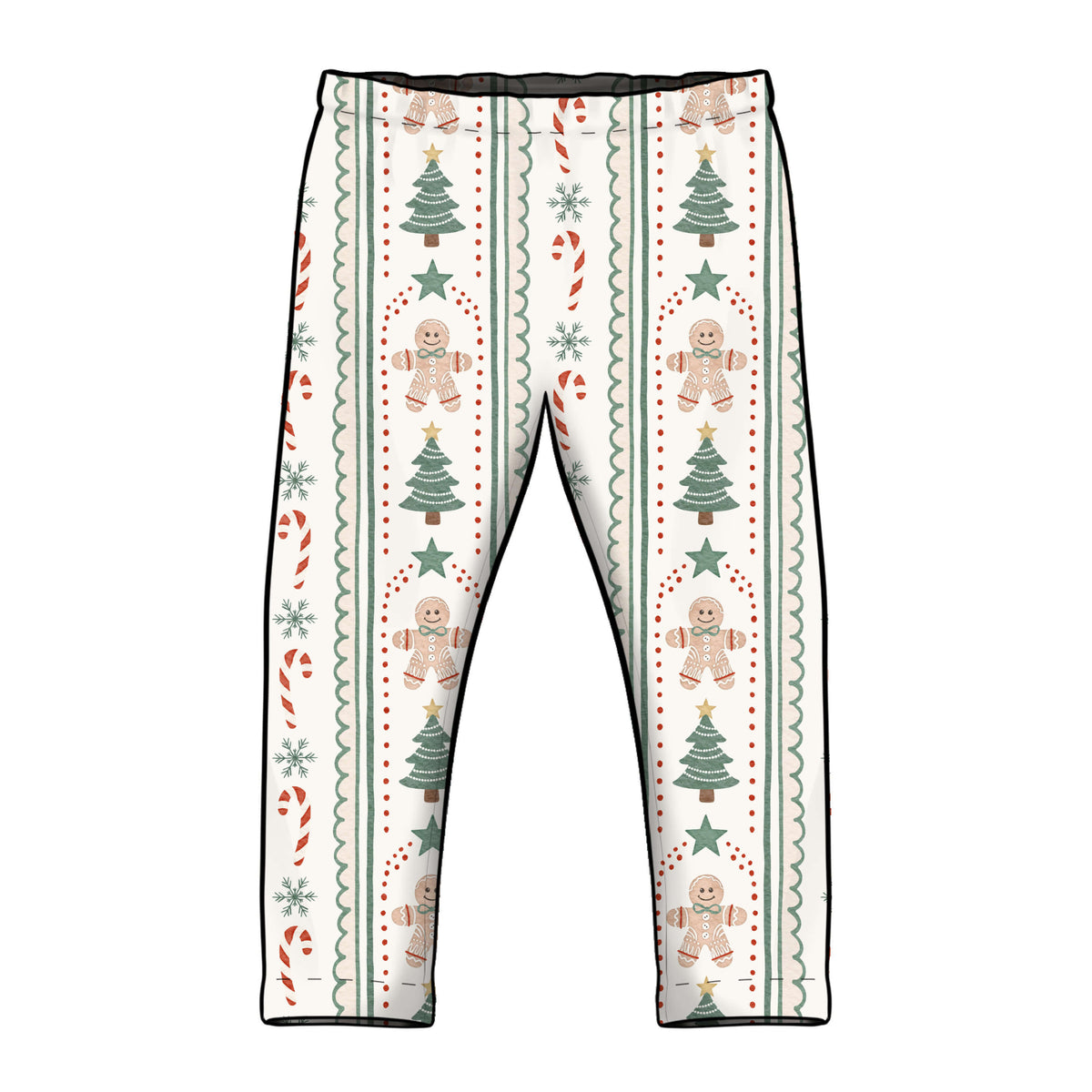 A pair of children's leggings with a festive Christmas pattern featuring gingerbread men, Christmas trees, candy canes, and snowflakes on a cream background. Leggings have elasticated waist and straight classic hemmed cuffs. 