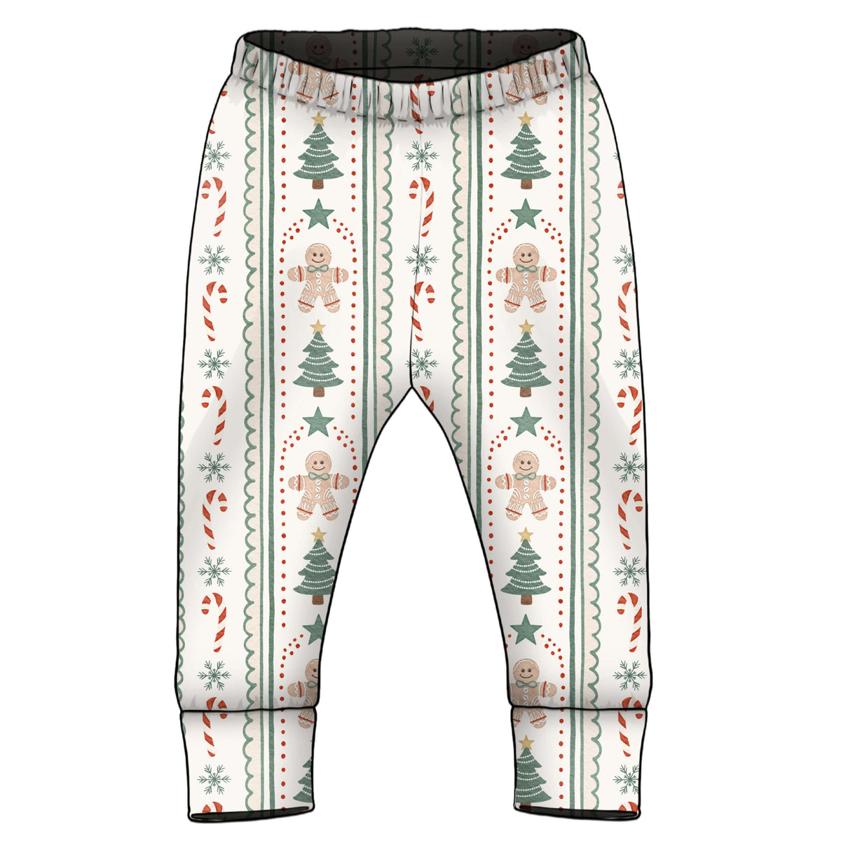 A pair of baby pants with an all-over Christmas pattern featuring gingerbread men, Christmas trees, candy canes, and snowflakes on an off-white background.