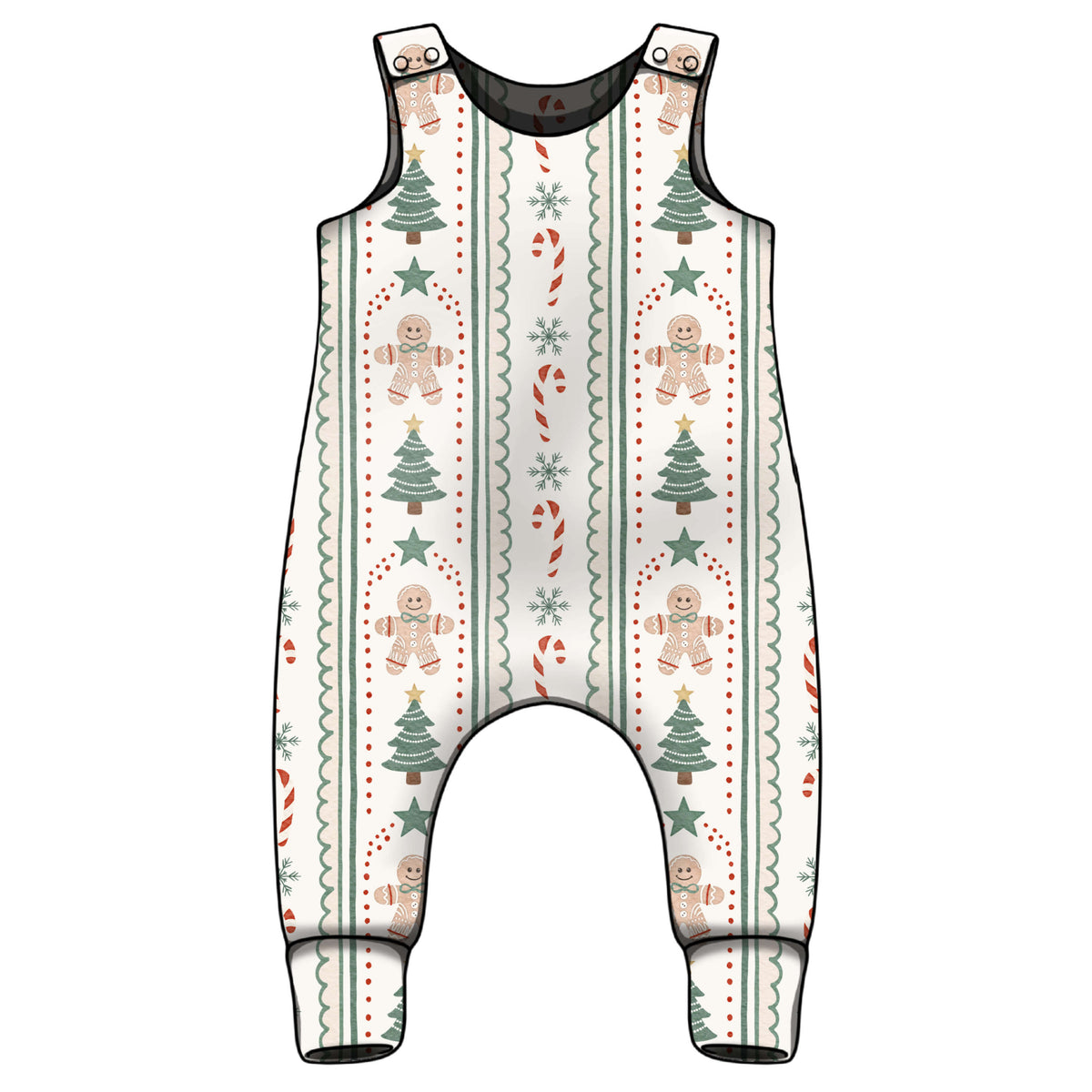 A sleeveless baby romper with an all-over Christmas holiday print featuring gingerbread men, Christmas trees, candy canes, and snowflakes on a cream background with black trim.