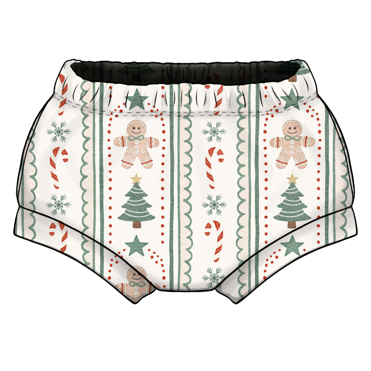 A pair of shorties/bummies with a festive Christmas print, featuring gingerbread men, candy canes, snowflakes, and Christmas trees on a cream background with an elastic waistband.