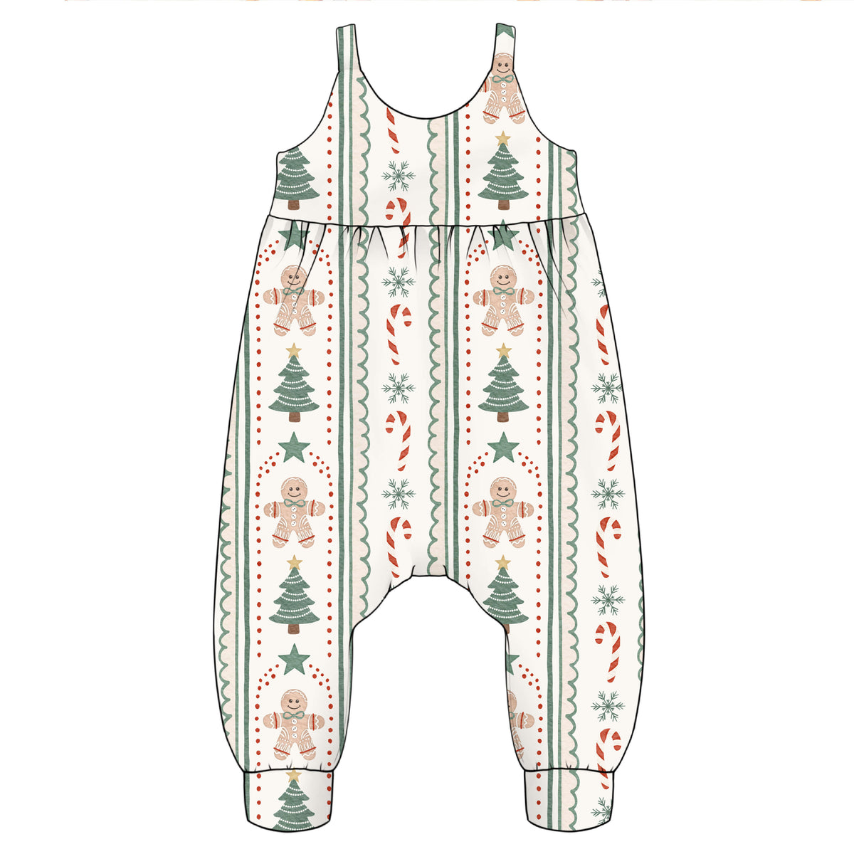 A baby romper or jumpsuit with a Christmas holiday print, featuring gingerbread men, Christmas trees, candy canes, and snowflakes on a cream background.