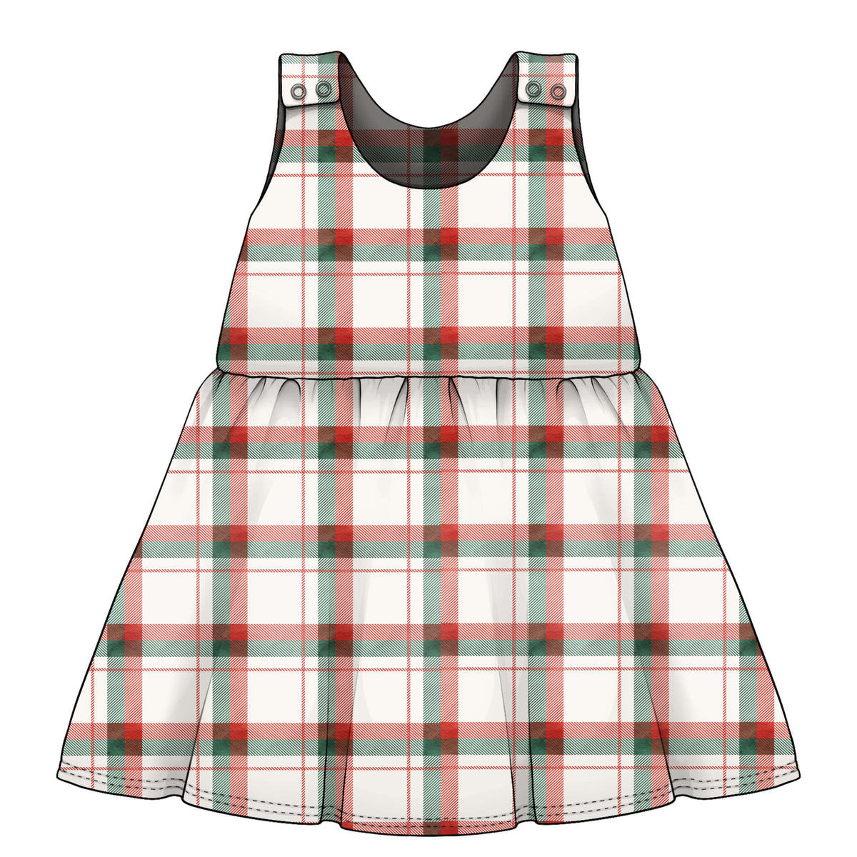 A sleeveless plaid children's dress. The dress has a white base with red and green tartan lines, a gathered waist seam, and small decorative poppers at the shoulder straps.