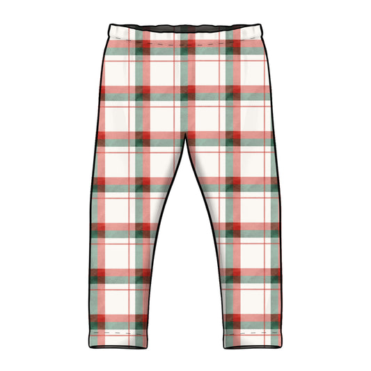 A pair of plaid children's leggings shown in a classic elasticated straight leg style. The pattern features a white base with intersecting red and dark green plaid lines.