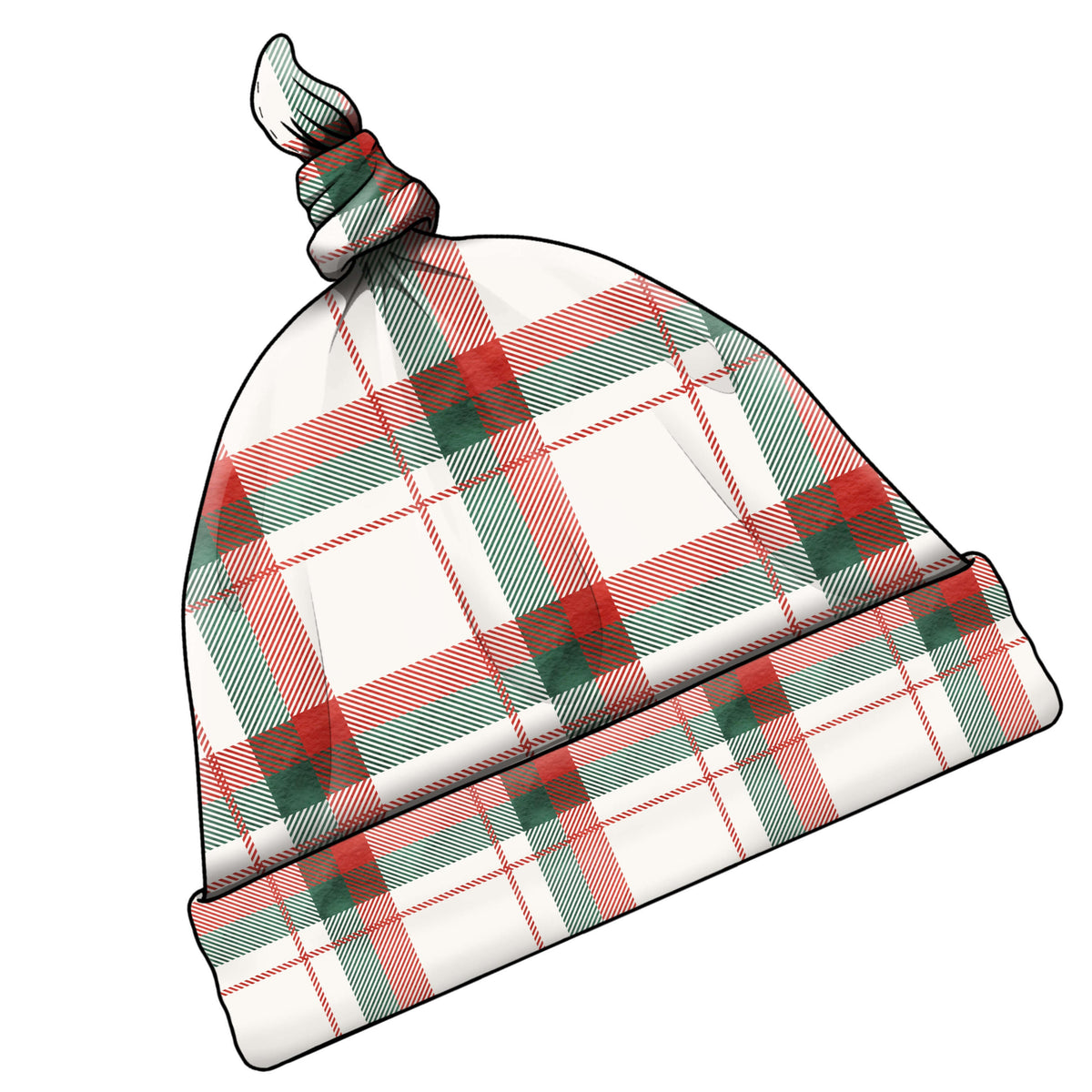 A beanie hat with a folded cuff and a knotted top, featuring a red, green, and white plaid pattern, shown on a plain white background.