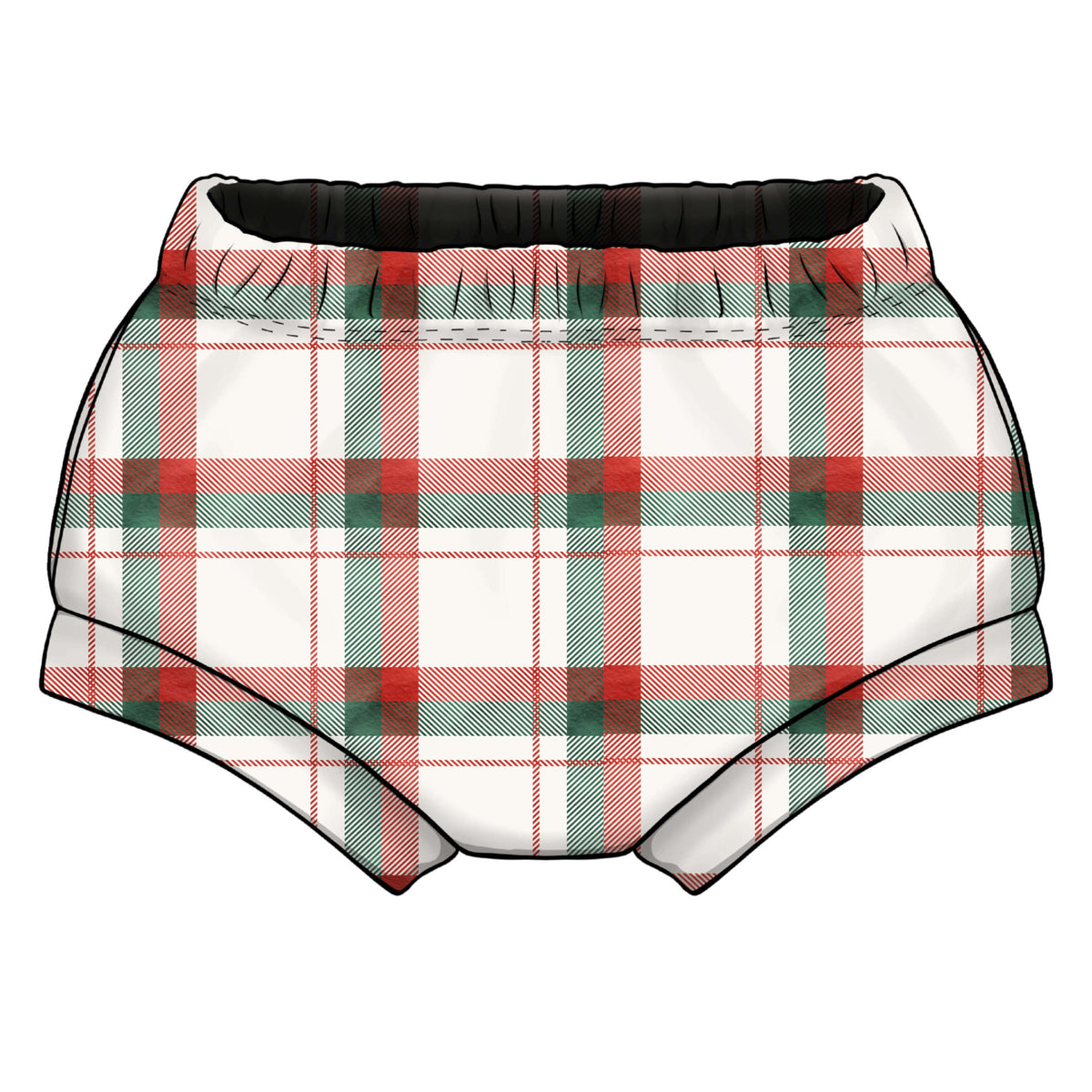 A pair of baby boy shorts with a red, green, and white plaid pattern, featuring an elasticated waist and cuffed leg bands.