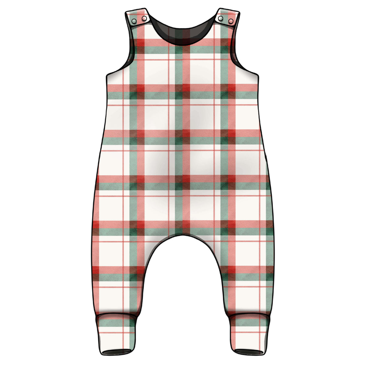 A sleeveless baby romper with a red, green, and white plaid pattern and popper fasteners 