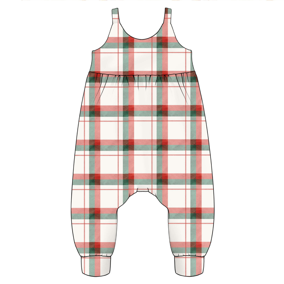 A sleeveless one-piece romper or for babies and young children with a plaid pattern in festive Christmas colours.
