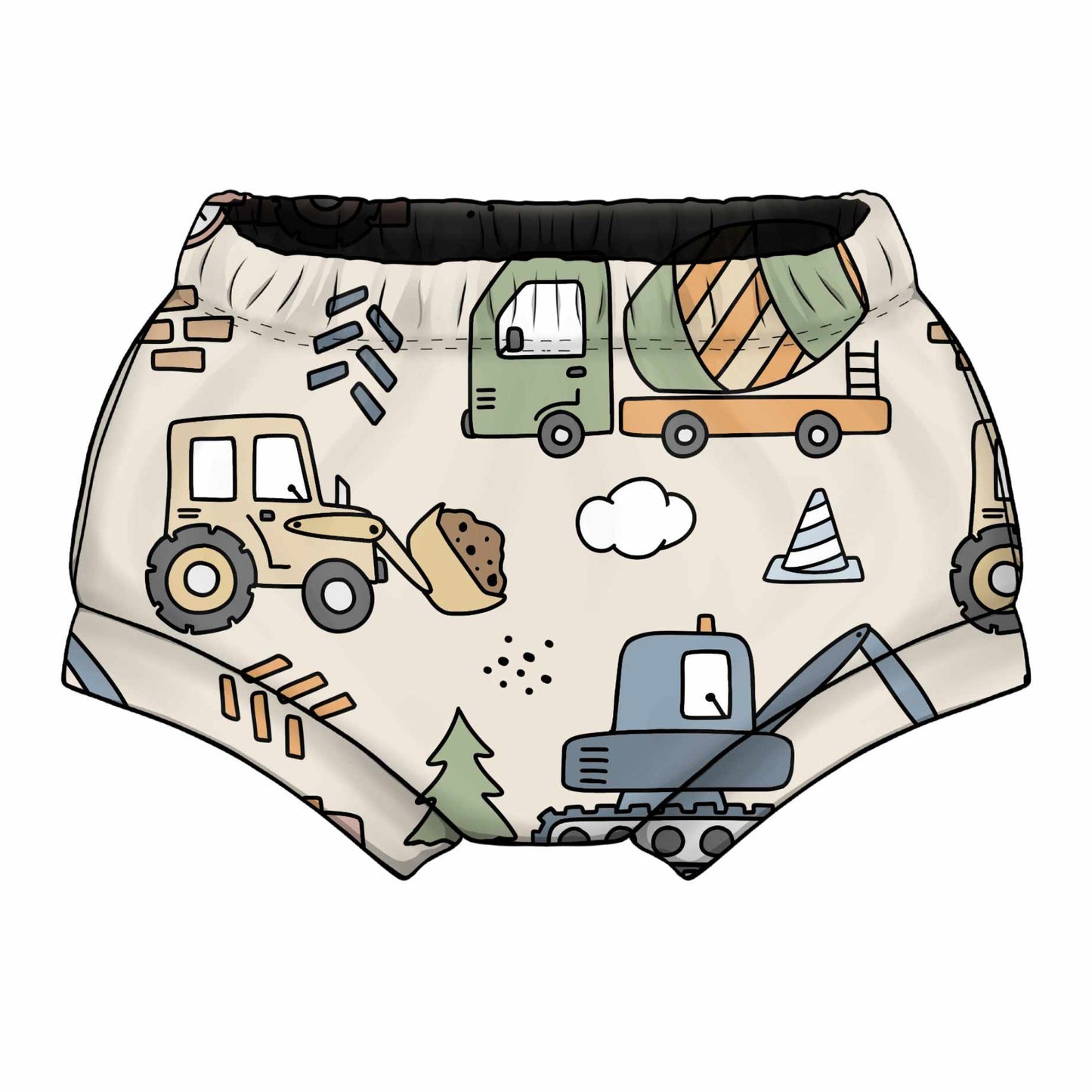 Children's shorts with construction vehicle pattern on a white background
