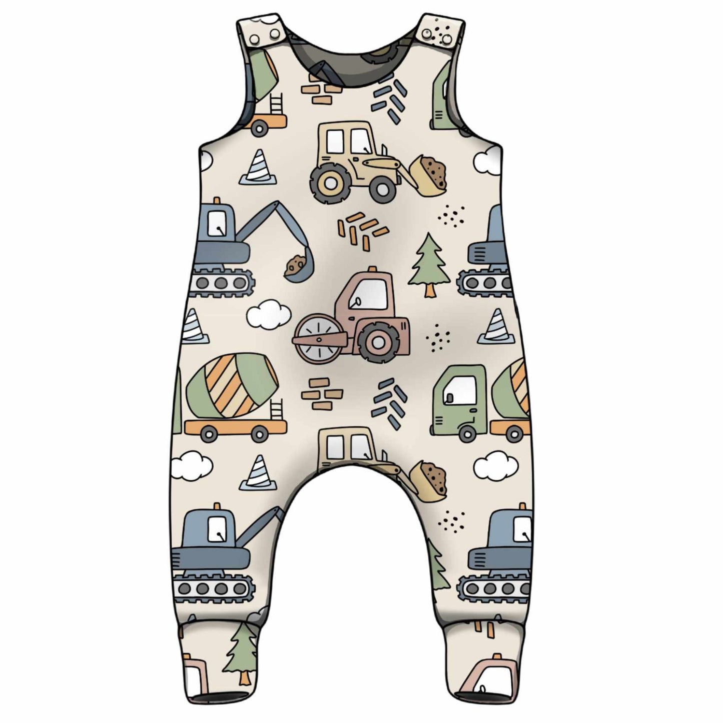 Baby romper with construction vehicle pattern on a white background