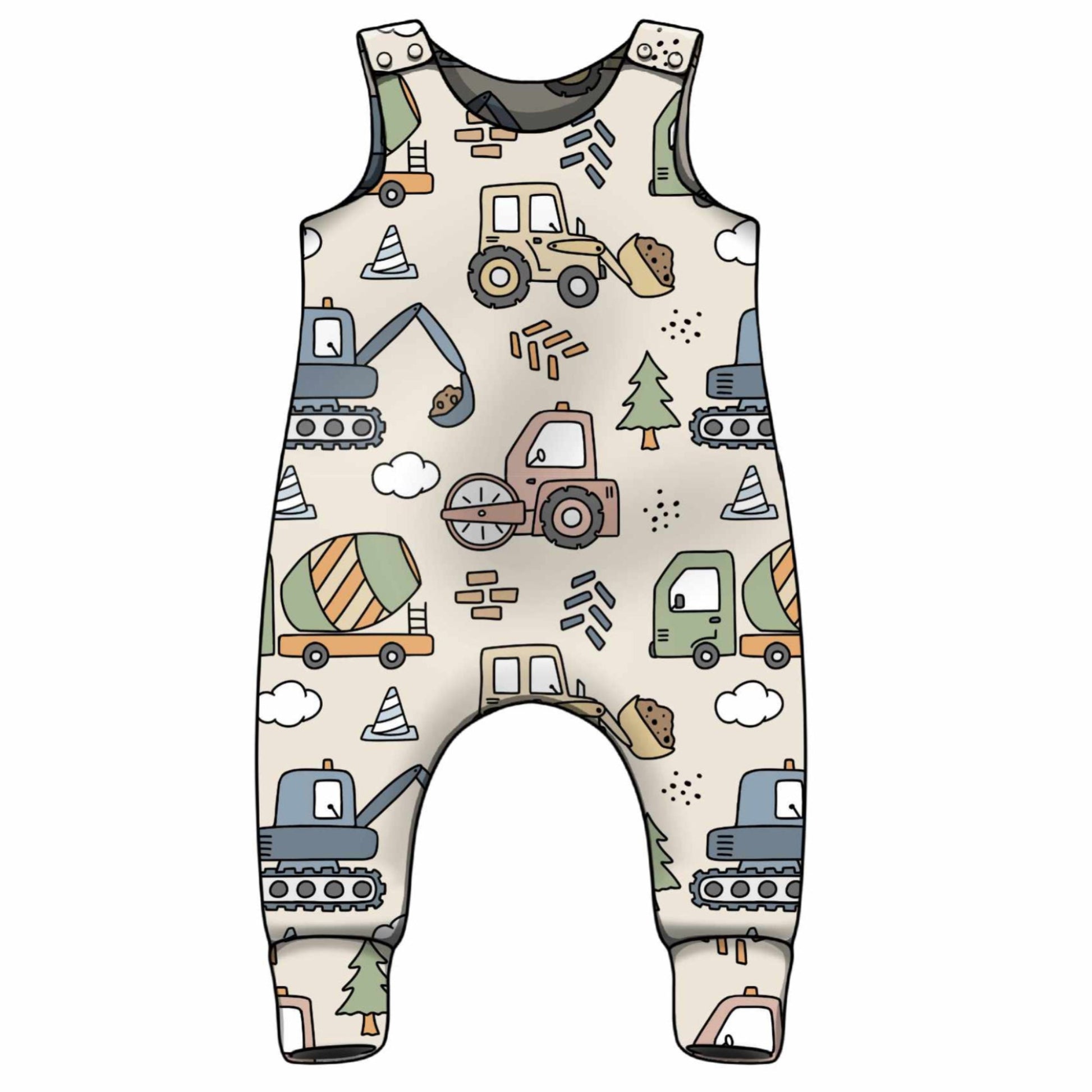 Baby romper with construction vehicle pattern on a white background