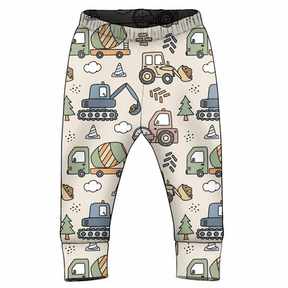 Children's leggings with construction vehicle pattern on a white background