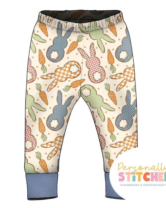 Cottage Bunnies Blue | Handmade Jersey Cuff Leggings