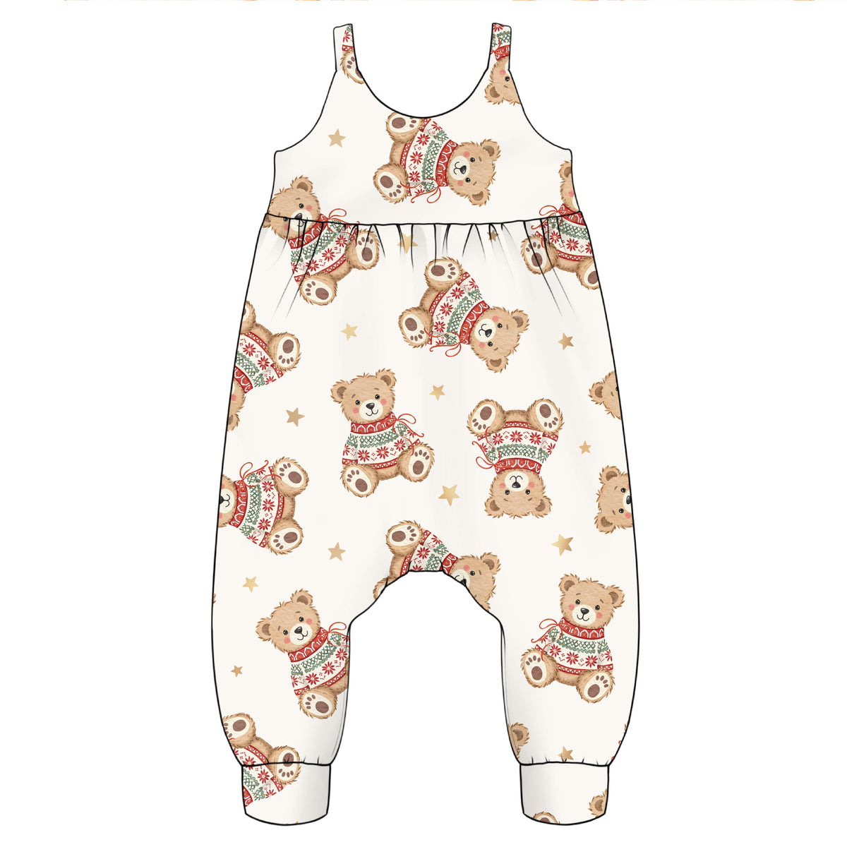 A baby romper or jumpsuit with an all-over print of teddy bears wearing red and green knit sweaters and small gold stars on a cream background.