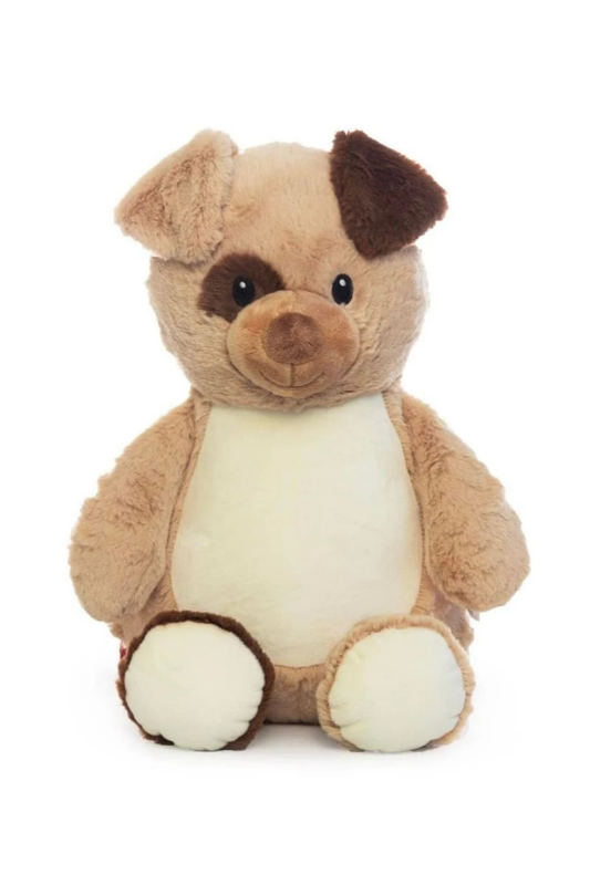 Plush toy pig with brown and beige colors on a white background