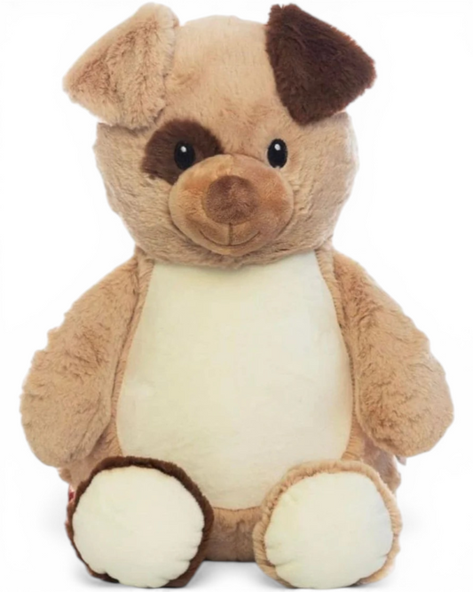 Plush toy pig with brown and beige colors on a white background