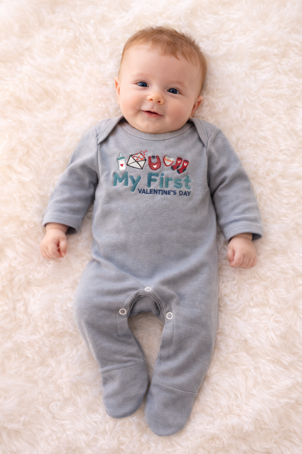 0-3 Months | My First Valentines Day Dusty Blue Romper | READY TO POST