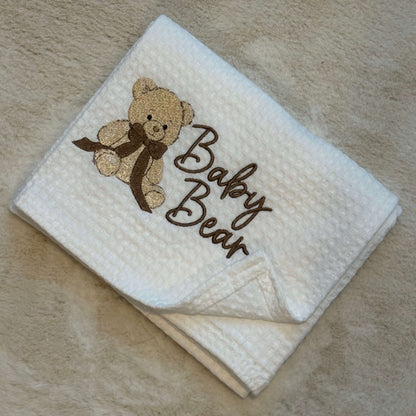 Personalised Cotton Waffle Baby Wrap | Bear Embroidered Keepsake Gift | Clearance