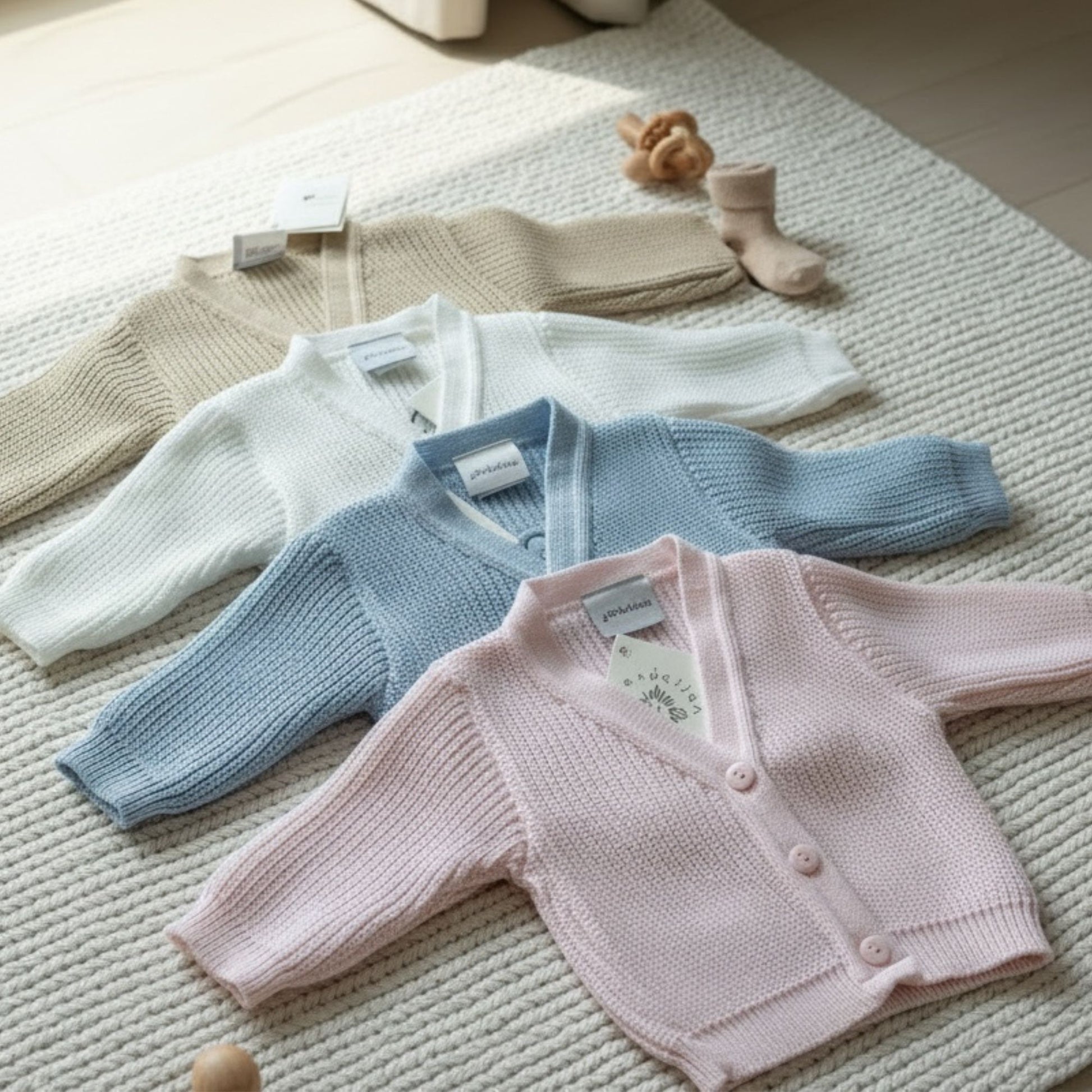 Dandelion baby knit cardigans in white, light blue, and pale pink and taupe that can be embroidered with any name of phrase on the back of the cardigan 