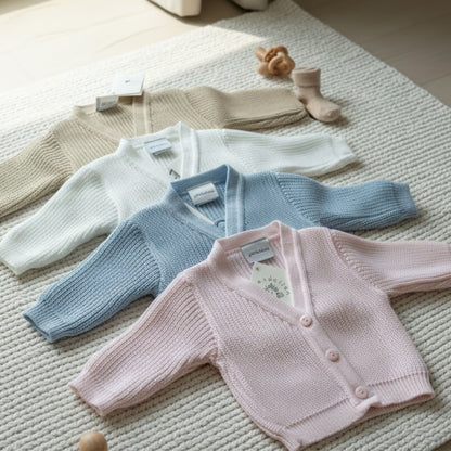 Dandelion baby knit cardigans in white, light blue, and pale pink and taupe that can be embroidered with any name of phrase on the back of the cardigan 