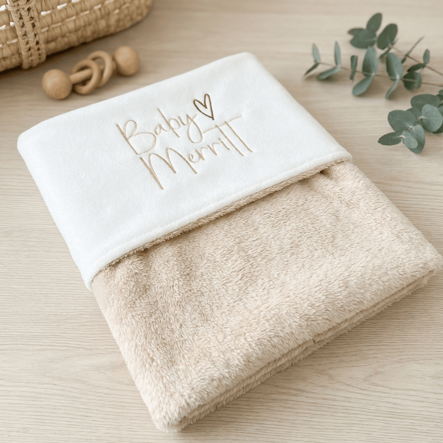 A folded baby blanket or wrap in soft cream and beige tones, with the top section in white embroidered with babies name in a warm matching coloured thread. The blanket is styled on a light wood surface with a woven basket, wooden teething rings, and eucalyptus leaves in the background.