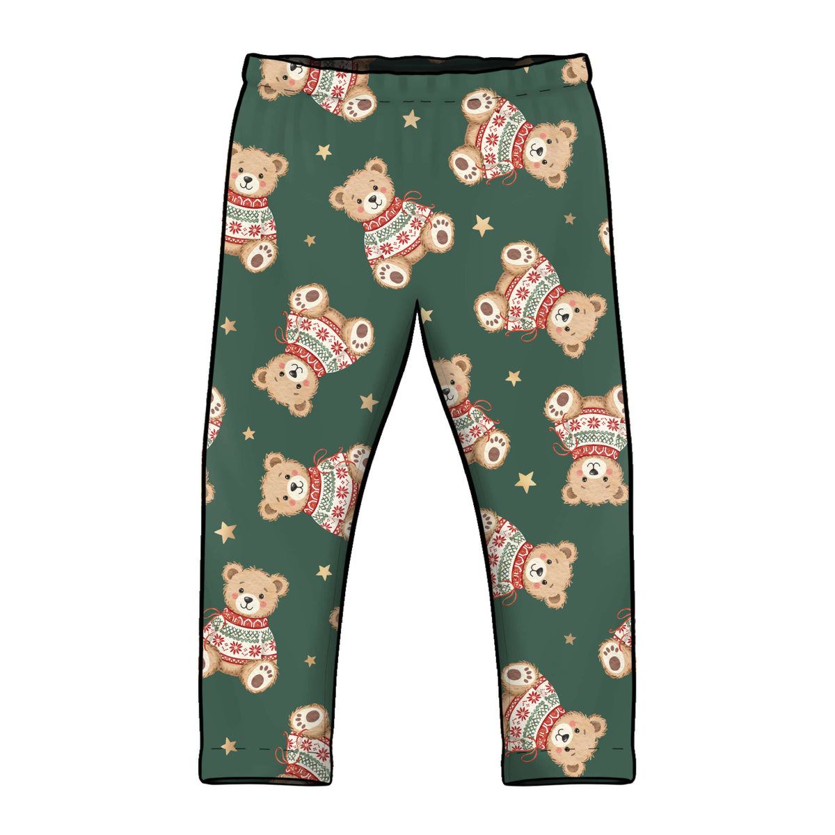 A pair of children's leggings with an all-over print of teddy bears wearing red and white knit sweaters, set against a dark green background with small gold stars.