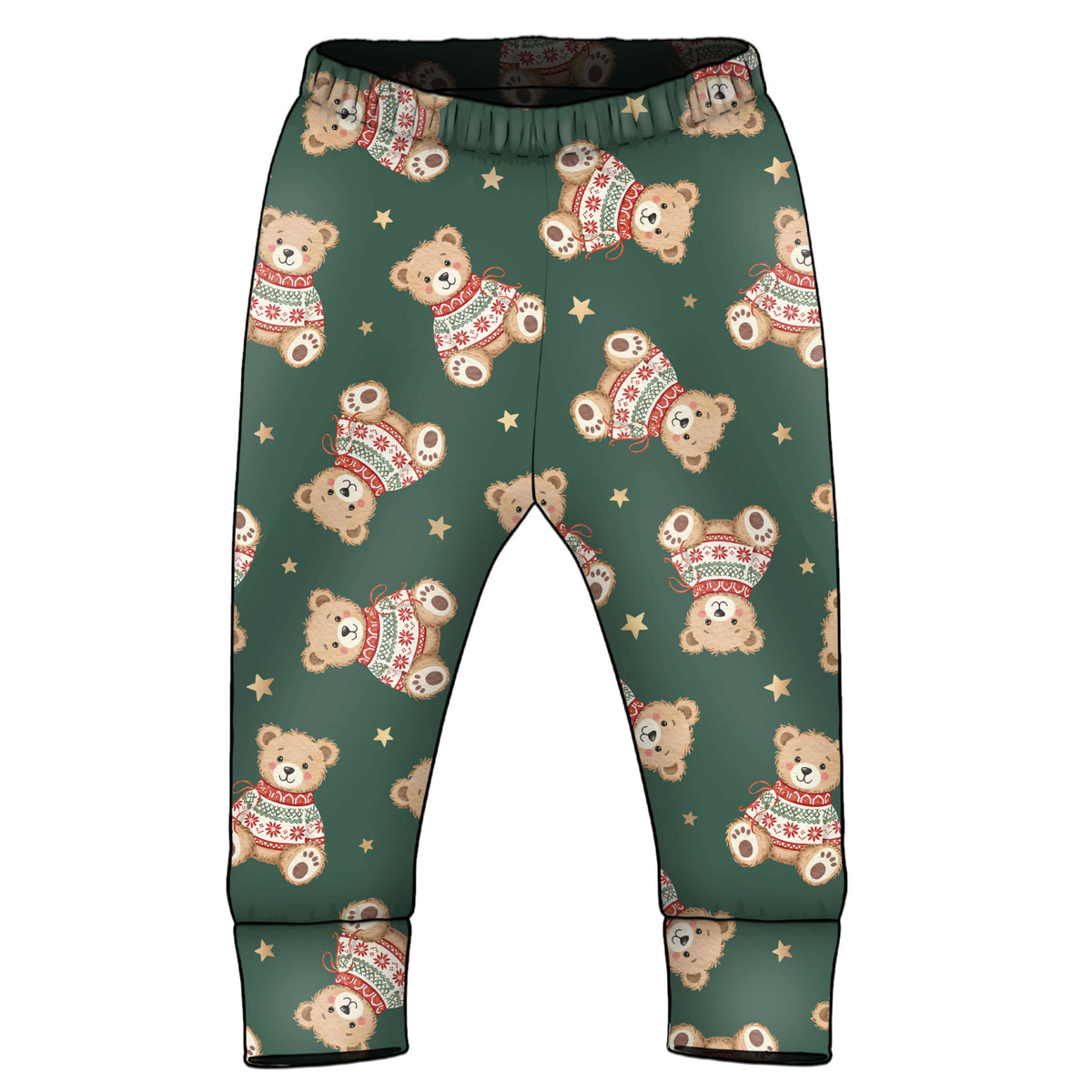 A pair of toddler pants with an all-over print of teddy bears wearing Christmas sweaters and small gold stars on a dark green background.