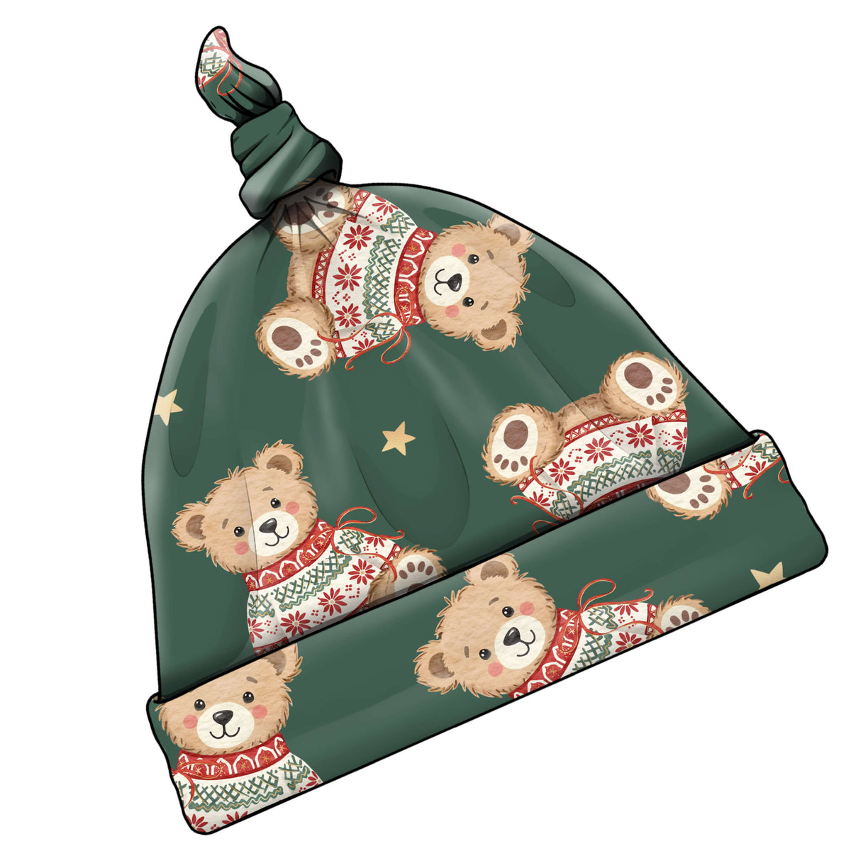 A dark green knit beanie hat with a knotted top and a folded cuff, featuring an all-over print of teddy bears wearing red and white knit sweaters with gold stars, shown on a plain white background.
