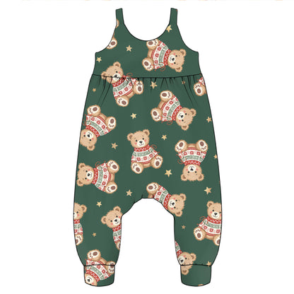 A sleeveless baby romper in dark green with an all-over print of teddy bears wearing festive red and white sweaters and small gold stars, shown on a plain white background.